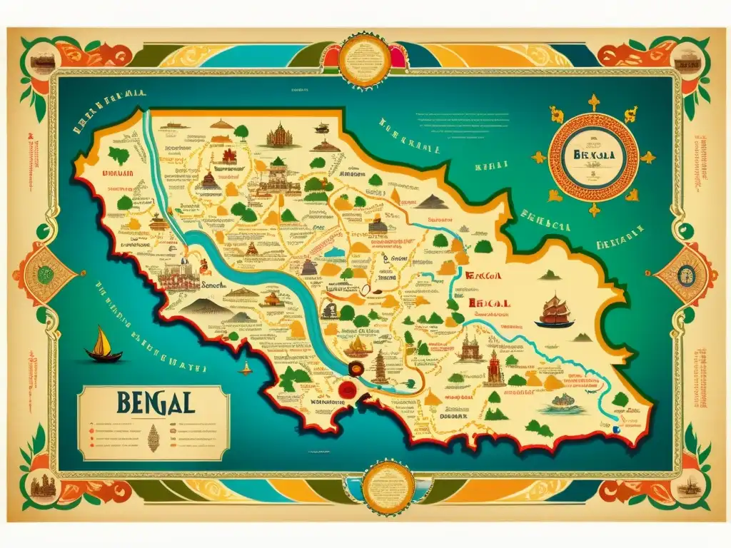 Un afiche vintage detallado con un mapa de Bengala, caligrafía y motivos tradicionales, evocando la rica herencia cultural y lingüística de la región