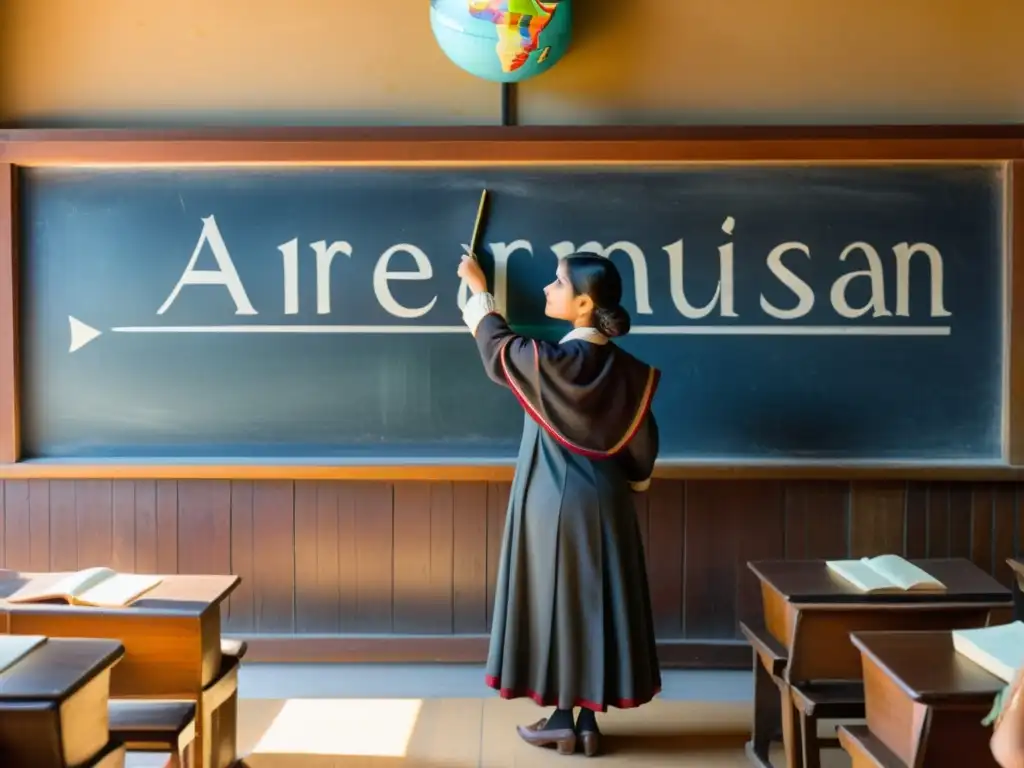 Lección para descubrir alfabeto armenio en aula vintage con maestro y estudiantes atentos