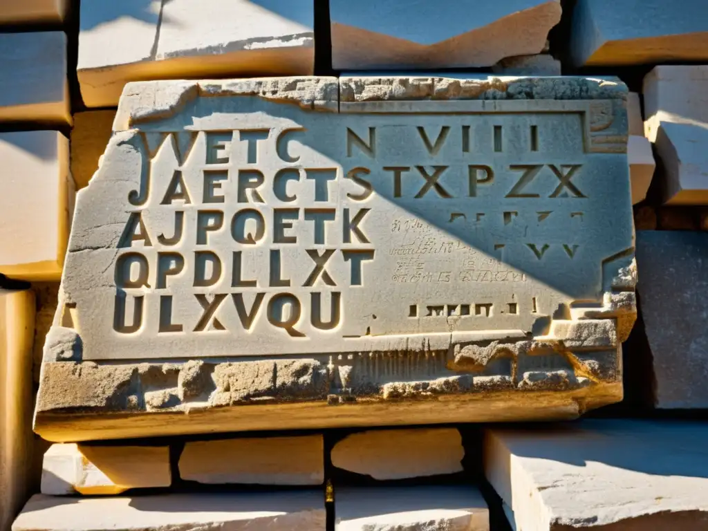 Alfabeto griego en antigua tablilla con la Acropolis al fondo, evocando sabiduría y encanto milenario
