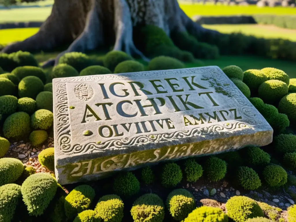 Alfabeto griego en piedra antigua con musgo y líquenes, bañado por la luz entre olivos, en islas milenarias