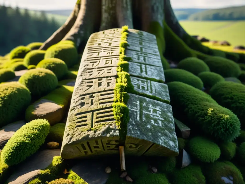 Descubriendo el alfabeto ogham irlandés: una antigua piedra tallada con musgo, bañada por la luz del sol entre árboles, evocando misterio histórico