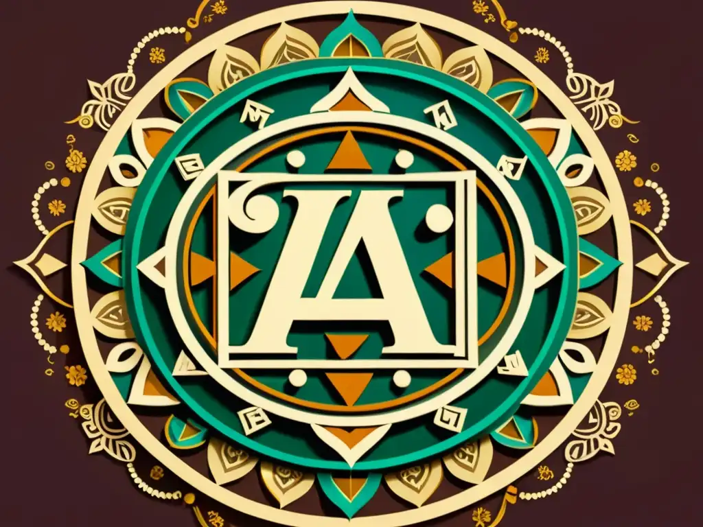 Mandala con alfabetos antiguos entrelazados en patrón circular, simbolizando sabiduría y significado espiritual