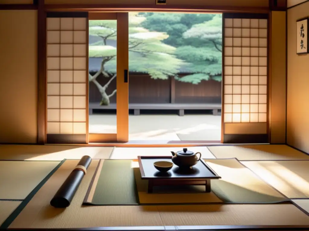 Un ambiente sereno en un salón de té japonés tradicional con caligrafía samurái