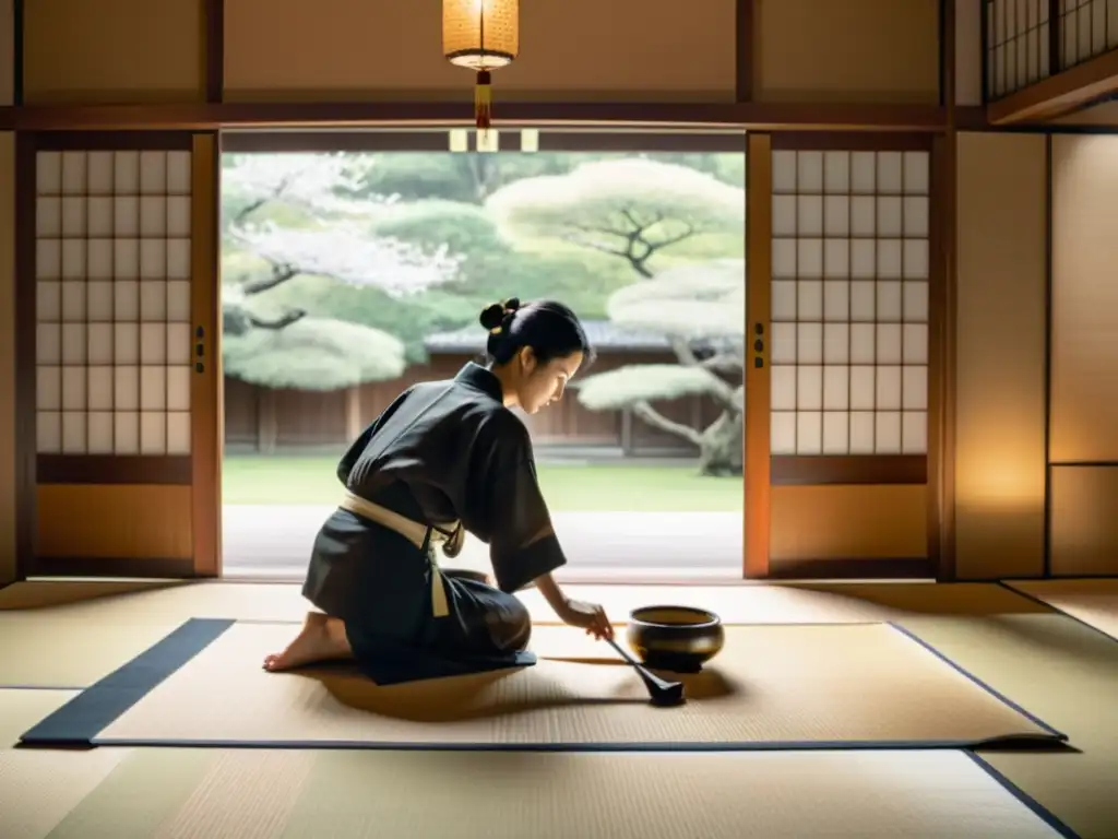 Un ambiente sereno de un taller de caligrafía zen japonés, con maestro y alumnos concentrados en la creación de elegantes caracteres en washi paper