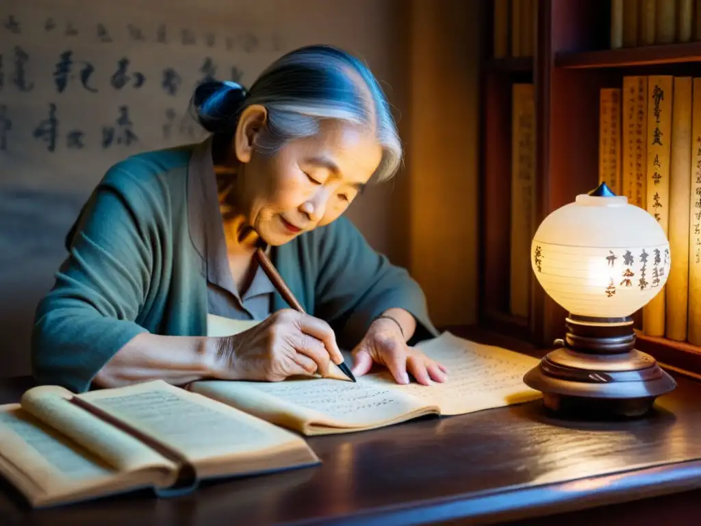 Una anciana escribe con cuidado caracteres tradicionales en un pergamino rodeada de libros antiguos, en una habitación con luz tenue