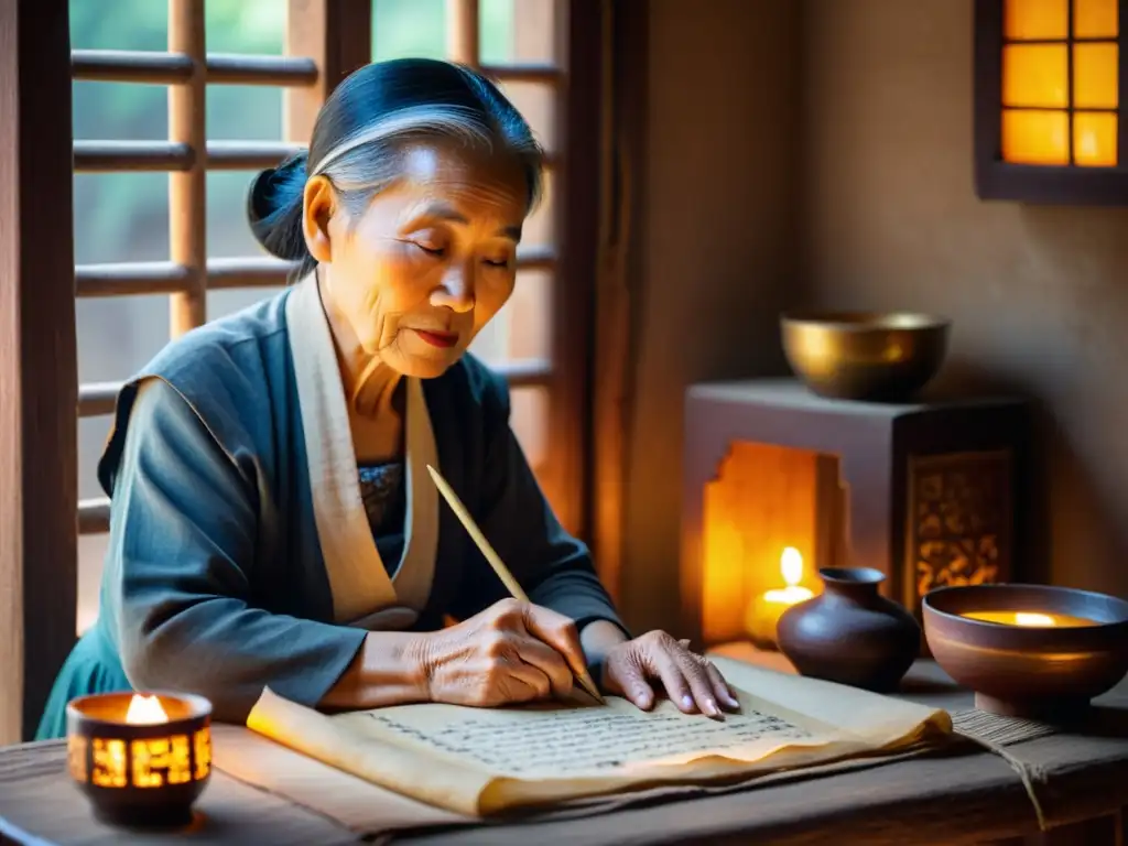 Una anciana mujer Lisu escribiendo meticulosamente en un pergamino, iluminada por la luz cálida de una vela mientras el sol vespertino se filtra a través de la ventana