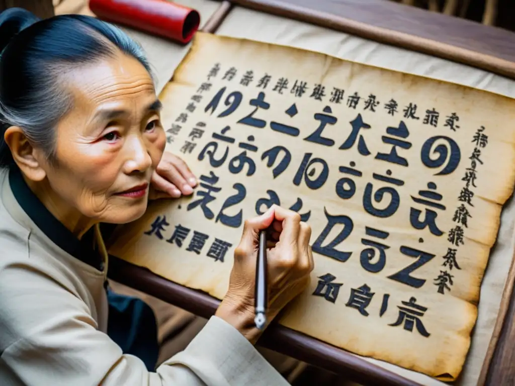 Un anciano Lisu escribe con caligrafía tradicional en un pergamino