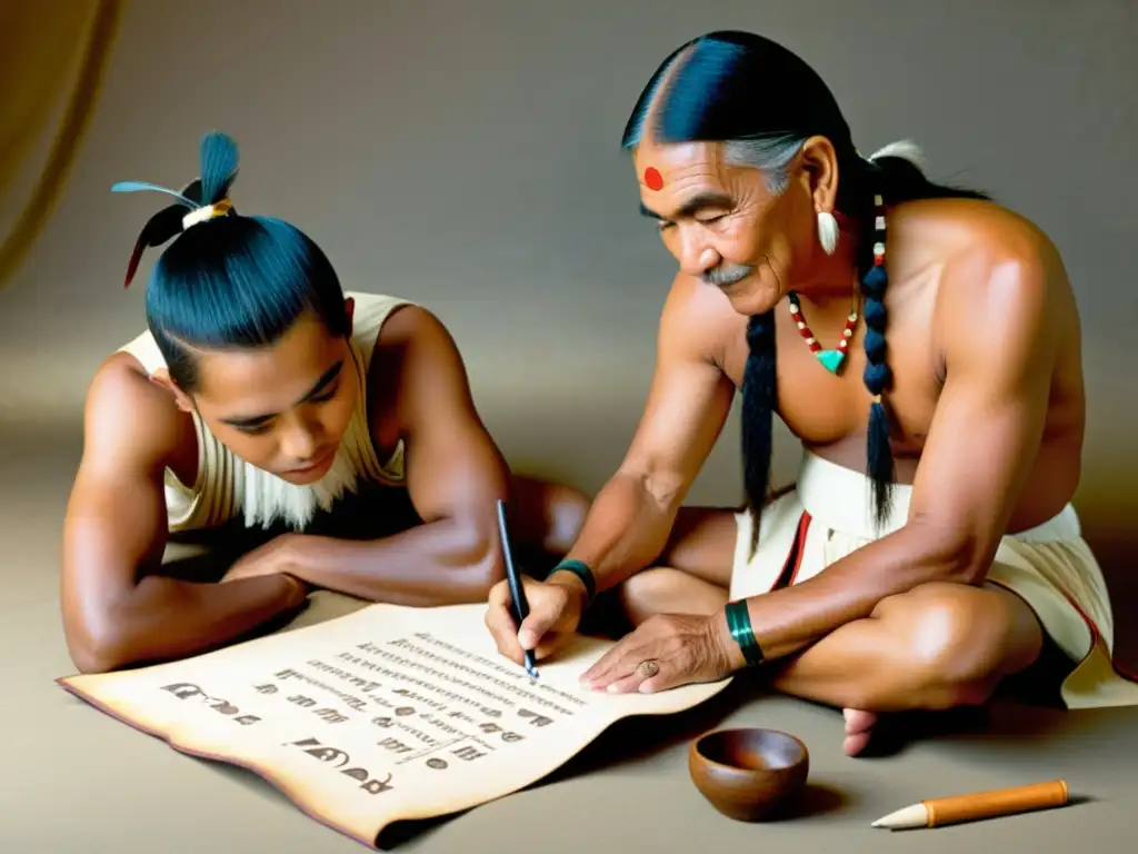 Un anciano Cherokee enseña a escribir el silabario Cherokee a un joven en un entorno natural, reflejando la riqueza cultural