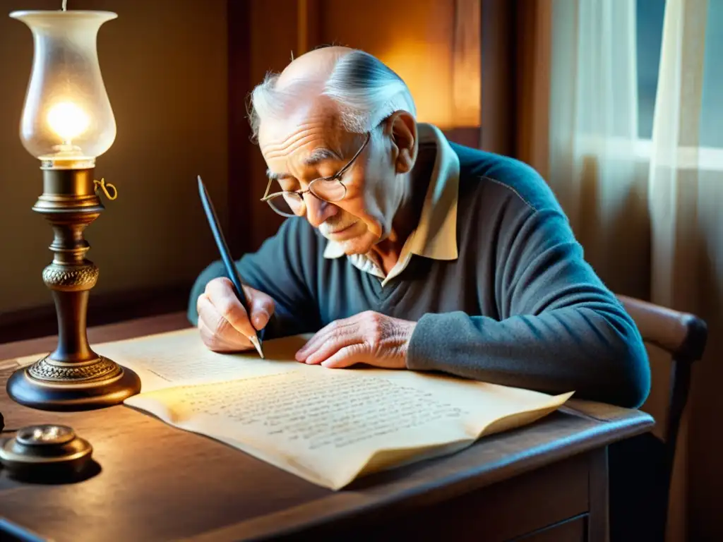 Un anciano de una comunidad lingüística transcribe scripts tradicionales con pluma y tinta, coleccionando idiomas amenazados sin contribuir