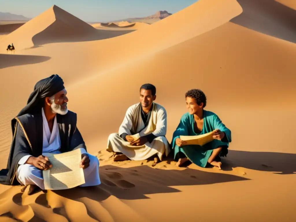 Un anciano tuareg enseña escritura a jóvenes bajo el sol del desierto