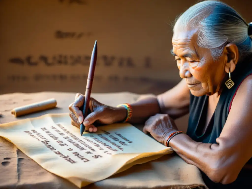 Un anciano indígena crea caracteres con un instrumento tradicional en un pergamino, destacando la autenticidad de los sistemas de escritura indígenas