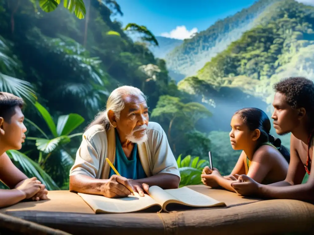 Un anciano indígena enseña a jóvenes la preservación de lenguajes en peligro, rodeados de una exuberante selva y cielo azul