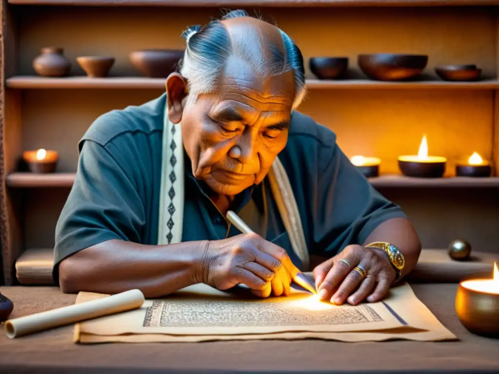 Un anciano indígena crea patrones en pergamino con herramientas tradicionales bajo la cálida luz de las velas, evocando autenticidad, sabiduría y herencia cultural de Sistemas de escritura indígenas auténticos