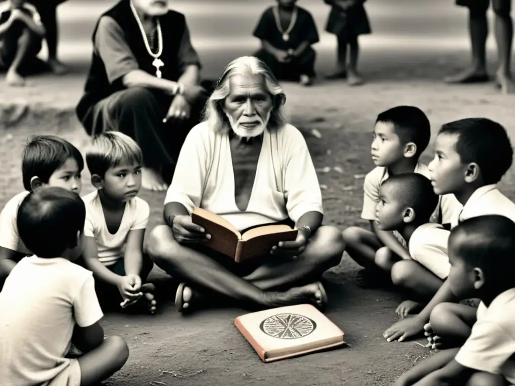 Un anciano indígena comparte sabiduría con niños, coleccionando idiomas amenazados sin contribuir