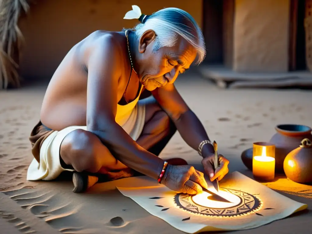 Un anciano indígena talla símbolos en pergamino con una pluma tradicional, iluminado por luz de vela