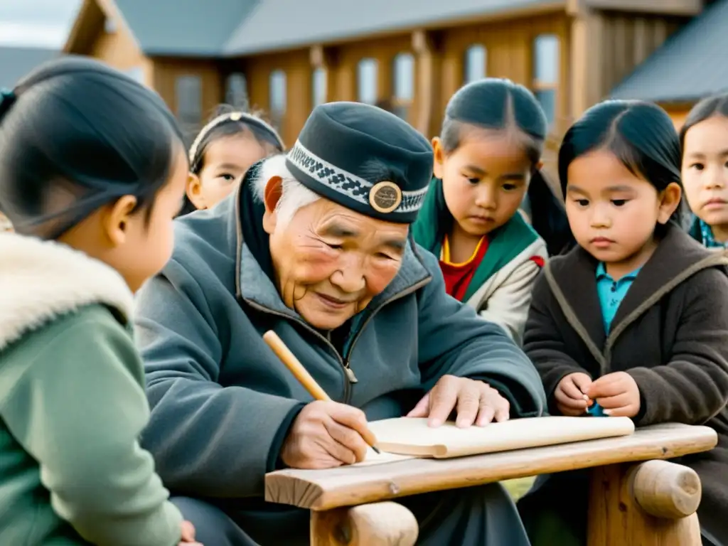 Un anciano Inuk está enseñando a los niños a escribir en Inuktitut, rodeados de naturaleza