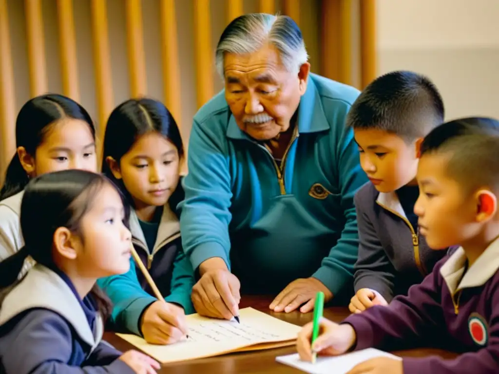 Un anciano Inuktitut enseña caligrafía a jóvenes, creando un ambiente cálido y de tradición