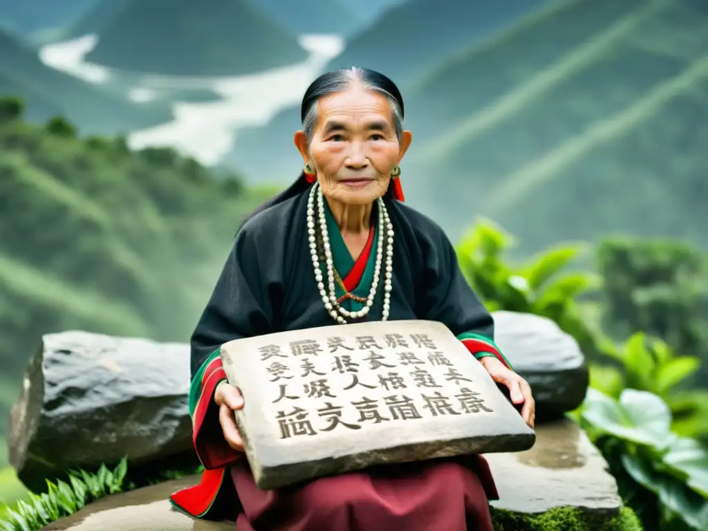 Un anciano Miao posa frente a una antigua escritura Miao en una tableta de piedra, rodeado de exuberante vegetación y montañas brumosas