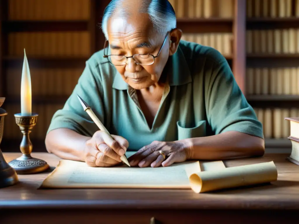 Un anciano miembro de una comunidad minoritaria escribe con una pluma tradicional en pergamino