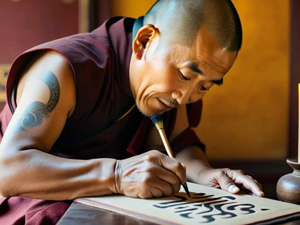 Un anciano monje tibetano crea caligrafía tibetana en un retiro espiritual en el Himalaya, mostrando maestría artística y devoción