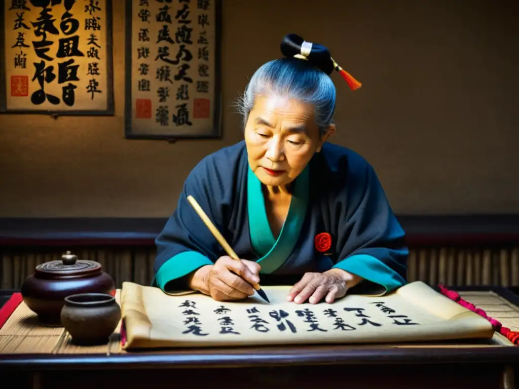 Un anciano Naxi escribe con caligrafía tradicional en un pergamino