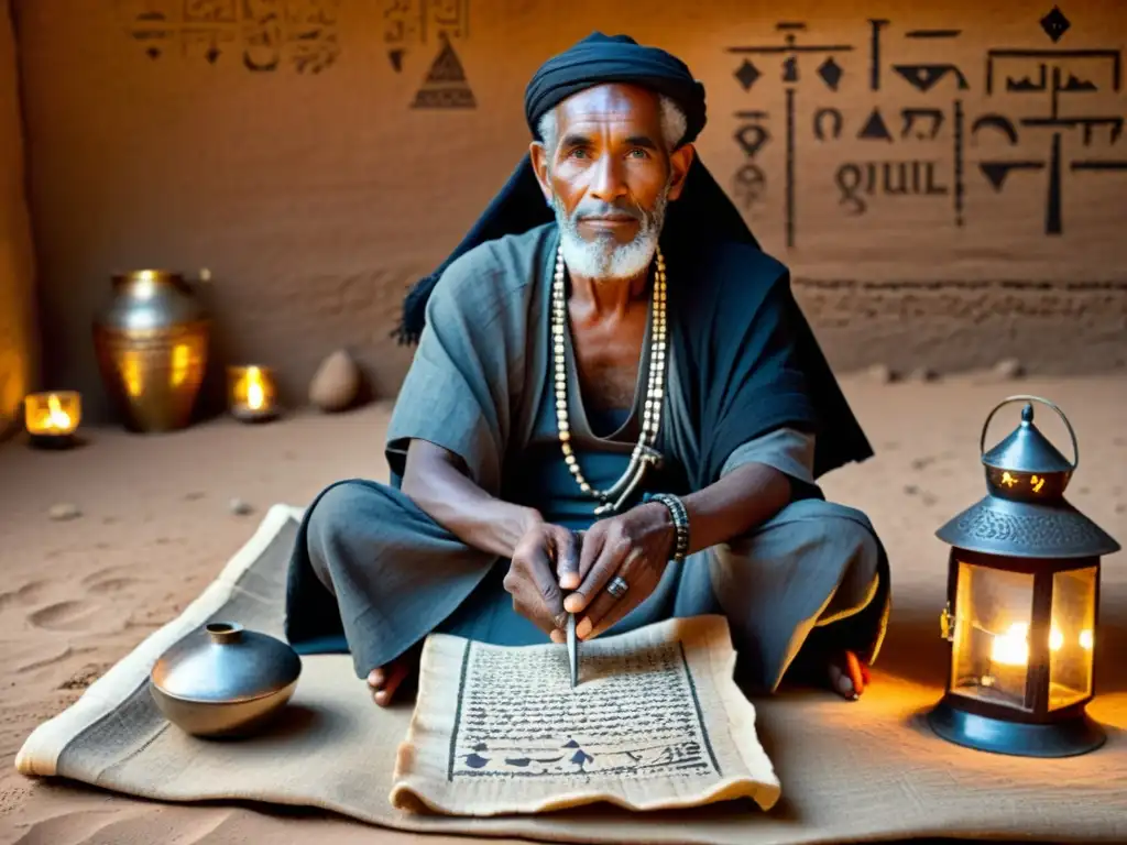 Un anciano tuareg escribe con pluma e tinta en un paisaje desértico, rodeado de inscripciones antiguas