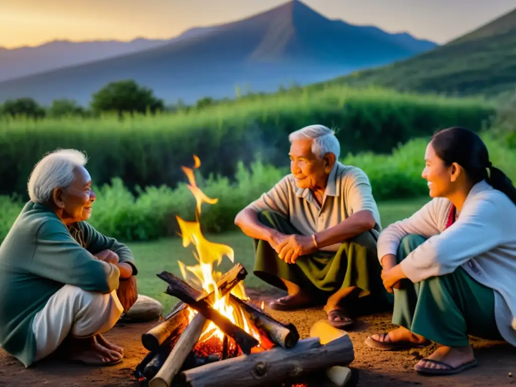 Un anciano comparte sabiduría alrededor del fuego, conectando generaciones y preservando lenguas en peligro mediante estrategias comunitarias