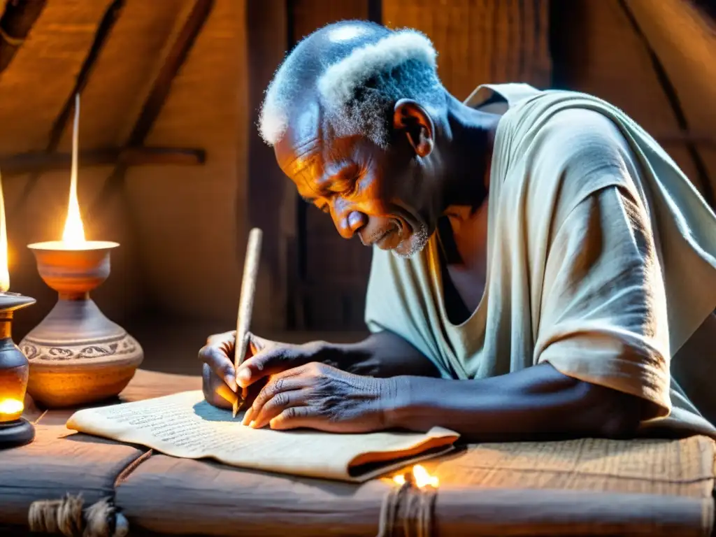 Un anciano tribal africano preserva textos sagrados con reverencia en una cabaña iluminada por velas