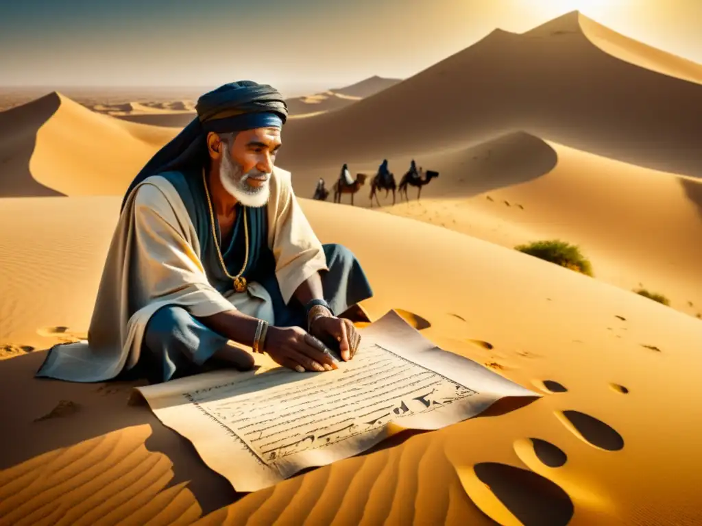 Un anciano tuareg inscribe con cuidado la Escritura Tifinagh en el desierto, rodeado de jóvenes tuaregs atentos