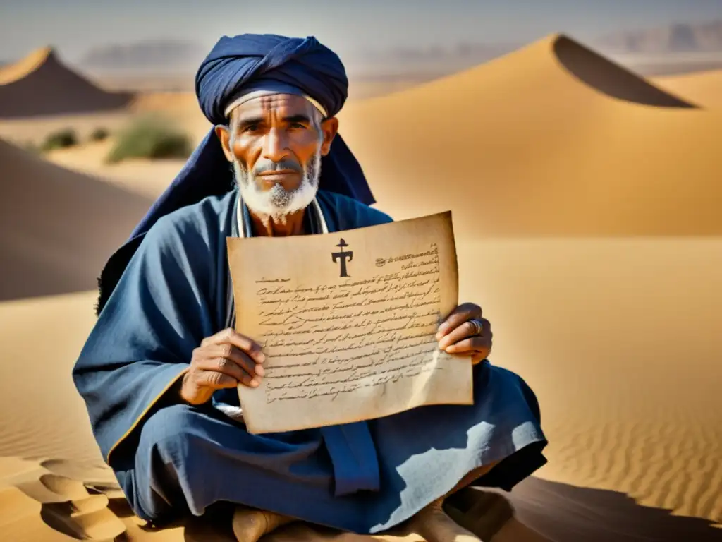 Un anciano Tuareg en el desierto, sosteniendo escritura Tifinagh tuareg, transmite sabiduría ancestral y misterio del desierto