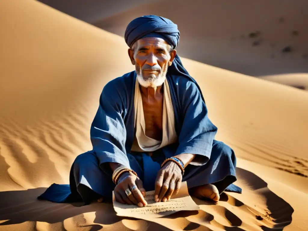 Un anciano tuareg en el desierto con escritura Tifinagh, evocando herencia cultural y sabiduría ancestral