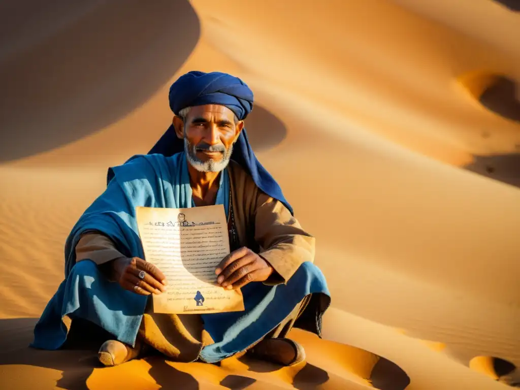 Un anciano tuareg en el desierto con Escritura Tifinagh tuareg, iluminado por la suave luz dorada del atardecer