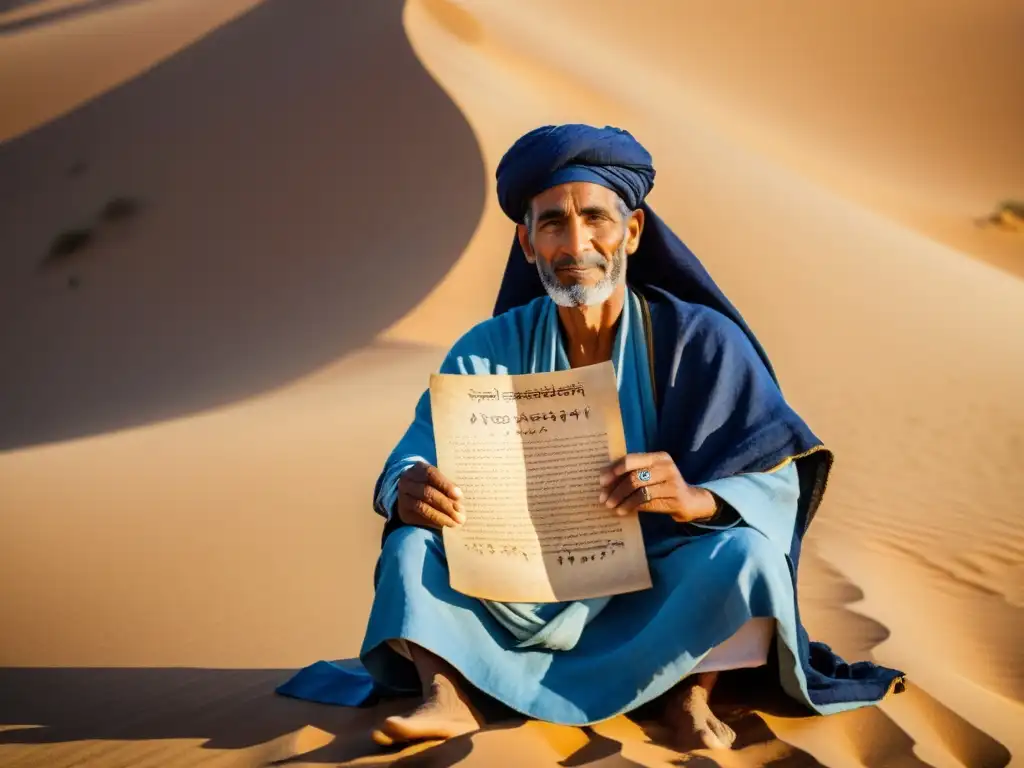 Un anciano tuareg sostiene una escritura Tifinagh en el desierto, rodeado de dunas, reflejando sabiduría y tradición tuareg