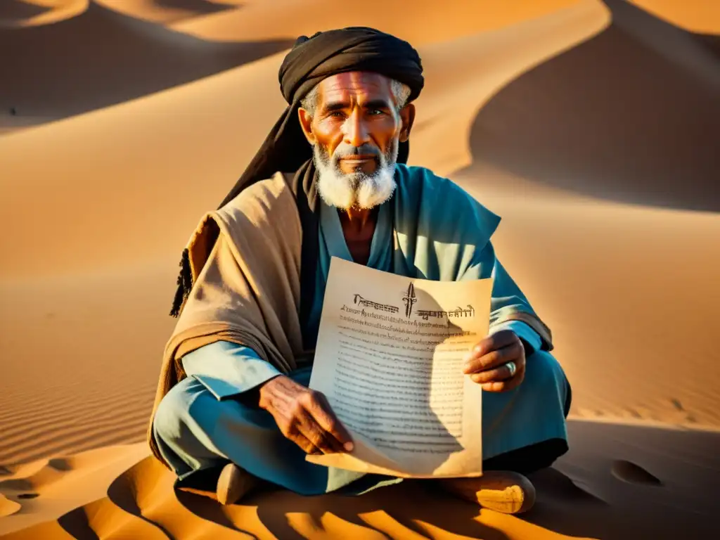 Sabio tuareg en el desierto, sosteniendo pergamino con escritura Tifinagh Un anciano tuareg con vestimenta tradicional sostiene un pergamino con escritura Tifinagh en el desierto