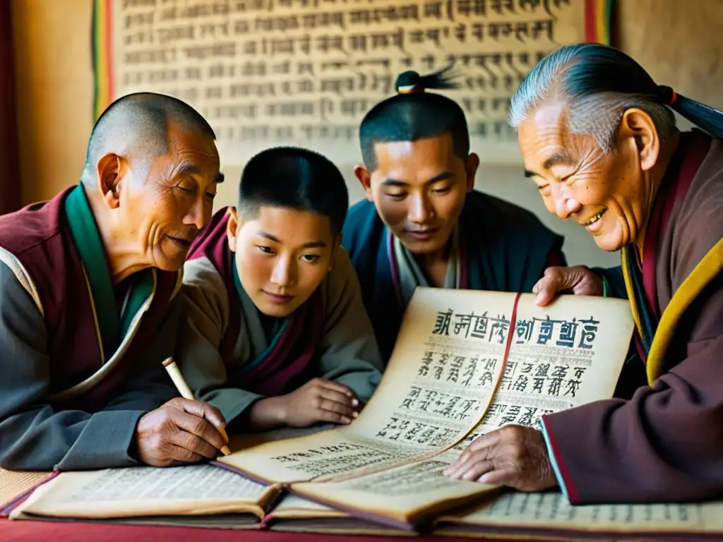 Una fotografía vintage de ancianos y jóvenes tibetanos reunidos alrededor de un antiguo manuscrito del alfabeto tibetano