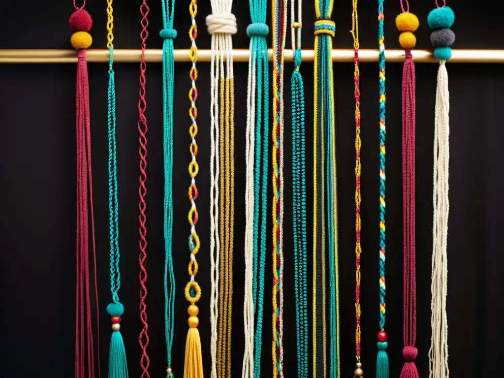 Un quipu andino tradicional con nudos intrincados y colores vibrantes, sobre fondo oscuro