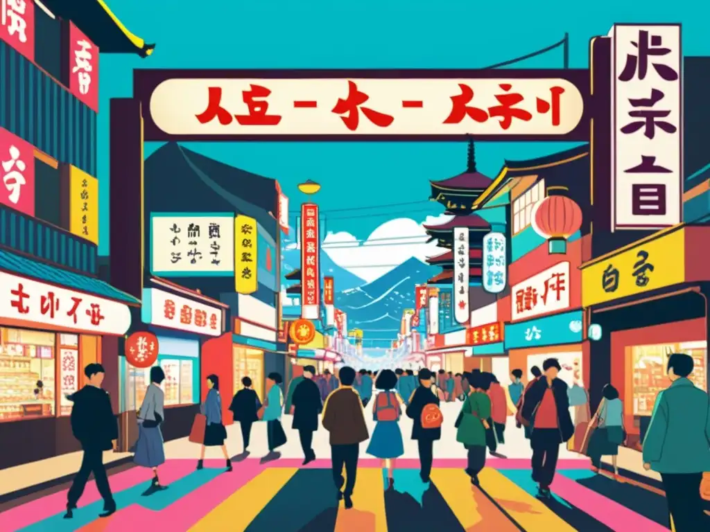 Una ilustración vintage de una animada calle japonesa con kanji integrado en el mundo del manga y el anime