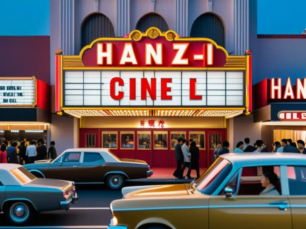 Un animado cine vintage con el título 'Hanzi en el Cine' destaca en una vibrante ciudad llena de luces de neón y nostálgicos detalles retro