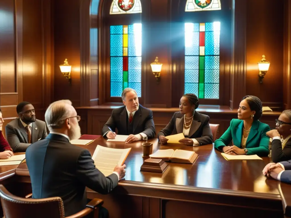 Discusión apasionada en sala de tribunal vintage Un animado debate en una sala vintage, con muebles antiguos y marcos decorativos, iluminada por vitrales
