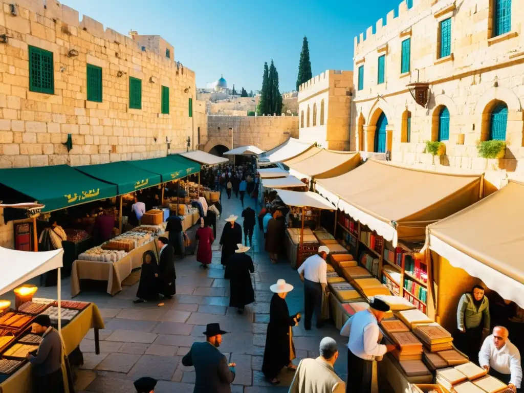 Un animado mercado en Jerusalén con puestos coloridos vendiendo herramientas de escritura hebrea y libros