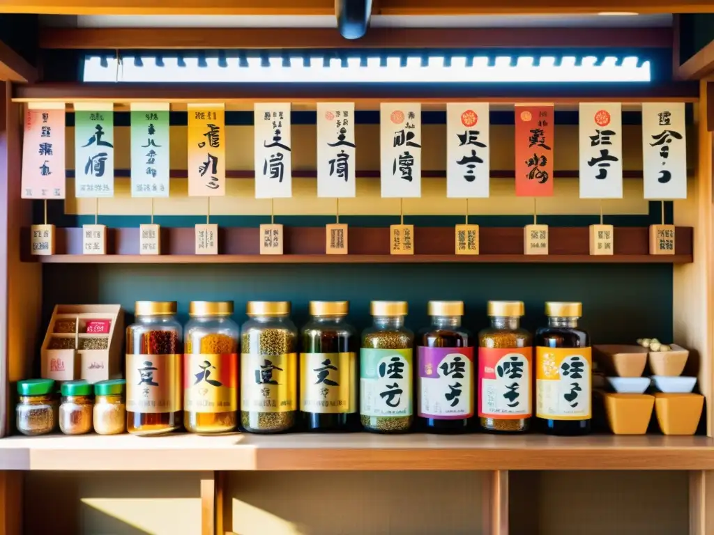 Un animado puesto de mercado japonés con productos coloridos y etiquetas con kanji