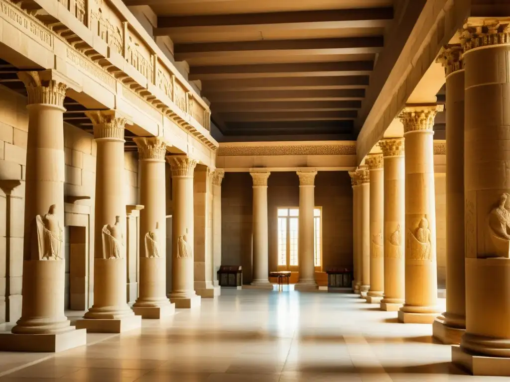 Una fotografía vintage de alta resolución de la antigua biblioteca de Alejandría, evocando su grandiosa arquitectura y significado histórico