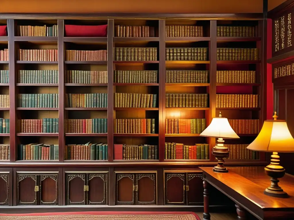 Antigua biblioteca en Bhután con manuscritos y ornamentación en madera, iluminada por lámparas de bronce