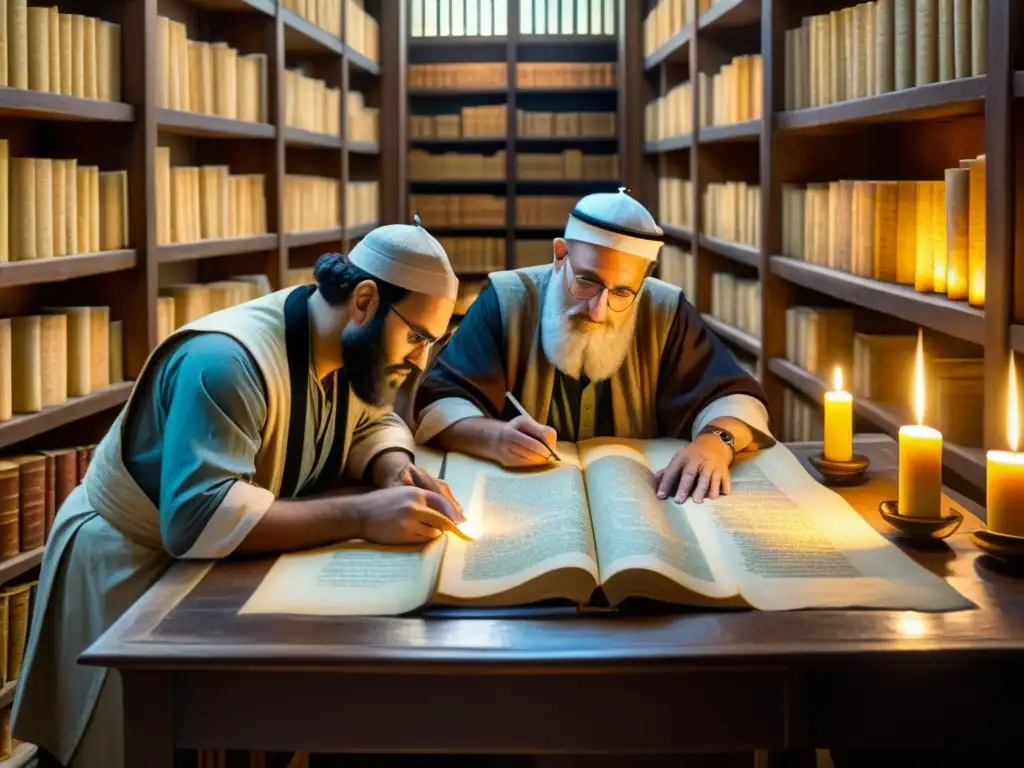 Antigua transcripción del Talmud de Babilonia en una biblioteca iluminada por lámparas de aceite, evocando reverencia y dedicación académica