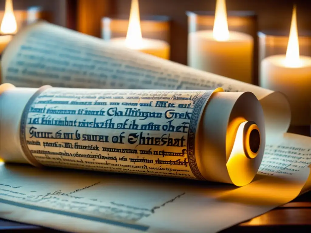 Una antigua biblioteca iluminada por velas, donde un pergamino griego se despliega con caligrafía exquisita, evocando sabiduría y elegancia atemporal