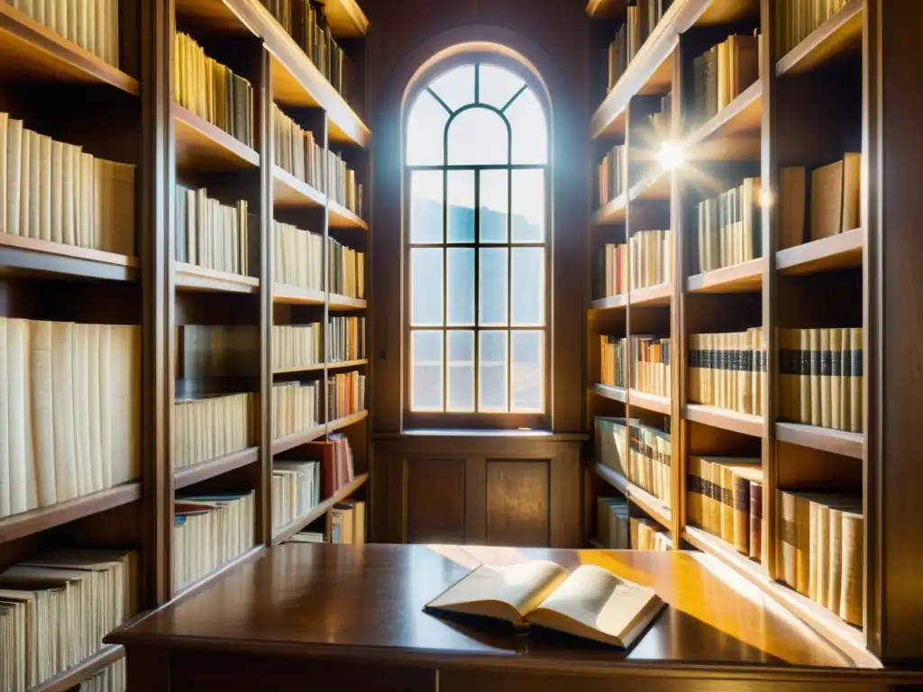 Antigua biblioteca con libros y documentos en estantes de madera, iluminada por cálida luz solar