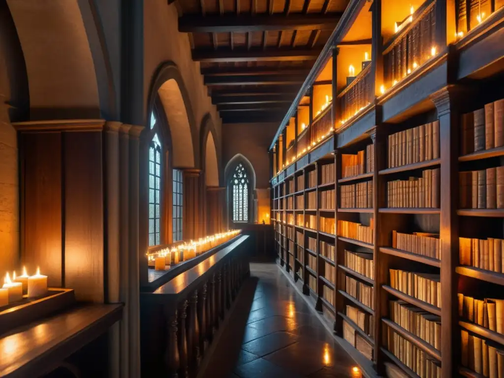 Antigua biblioteca de monasterio con manuscritos medievales europeos iluminados por velas, creando una atmósfera de misterio y sabiduría ancestral