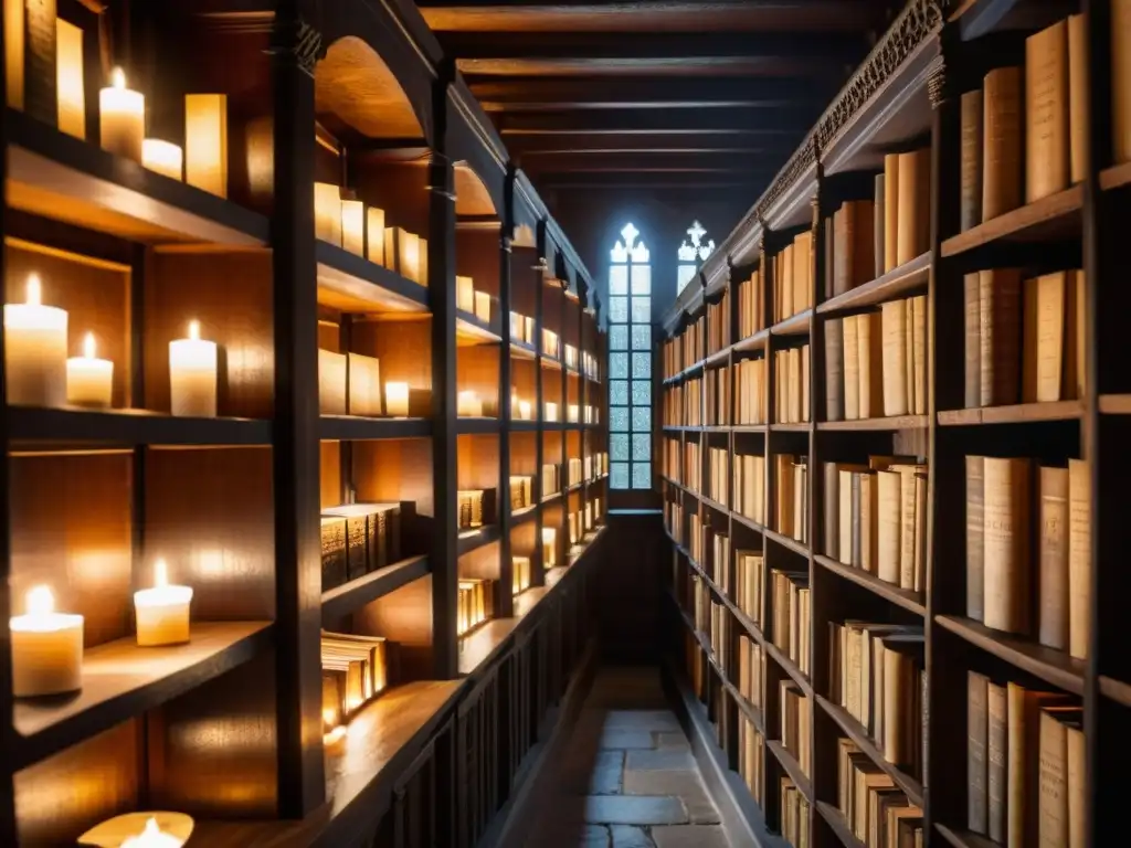 Antigua biblioteca de un monasterio medieval con manuscritos europeos iluminados por velas, creando una atmósfera de reverencia y conocimiento