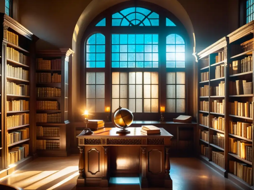 Antigua biblioteca polvorienta con libros antiguos, pergamino, globo terráqueo y ventana de vitral