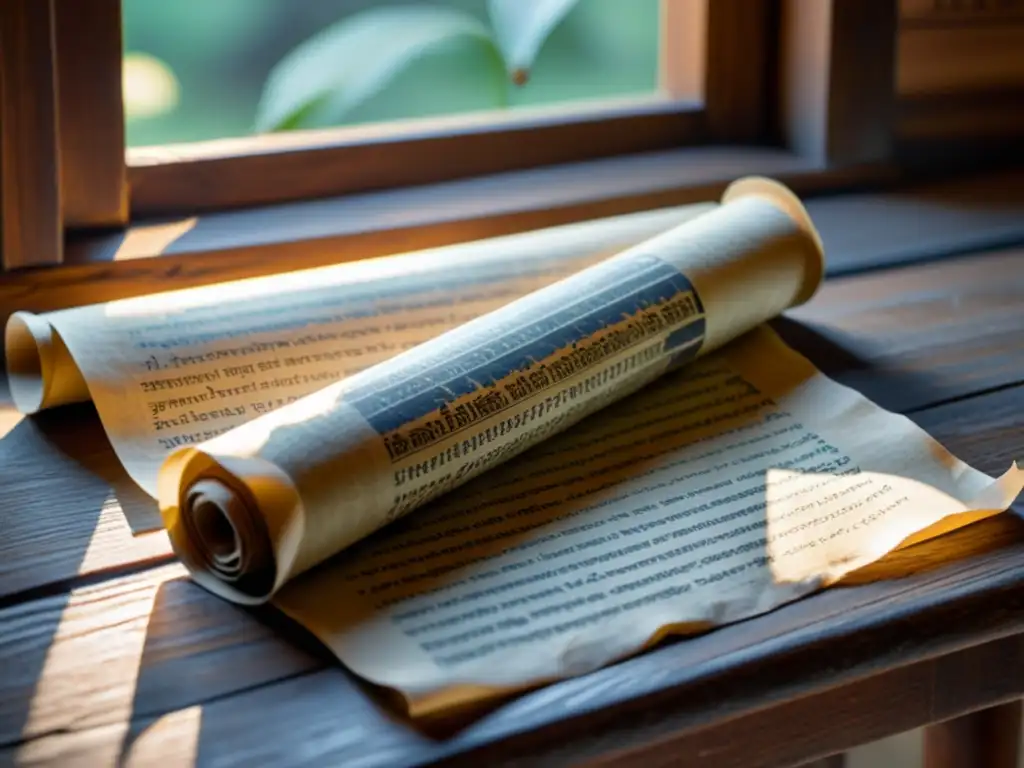 Una antigua fotografía en blanco y negro de un pergamino con texto sánscrito desvanecido, reposando sobre una mesa de madera envejecida